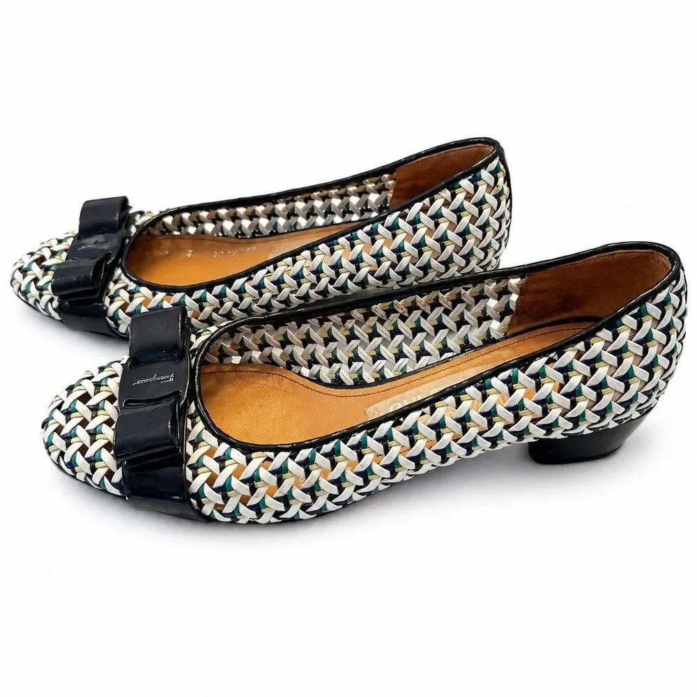 Salvatore Ferragamo Vara Bow Woven Leather Pumps Shoes Multicolor Size 8 B Italy